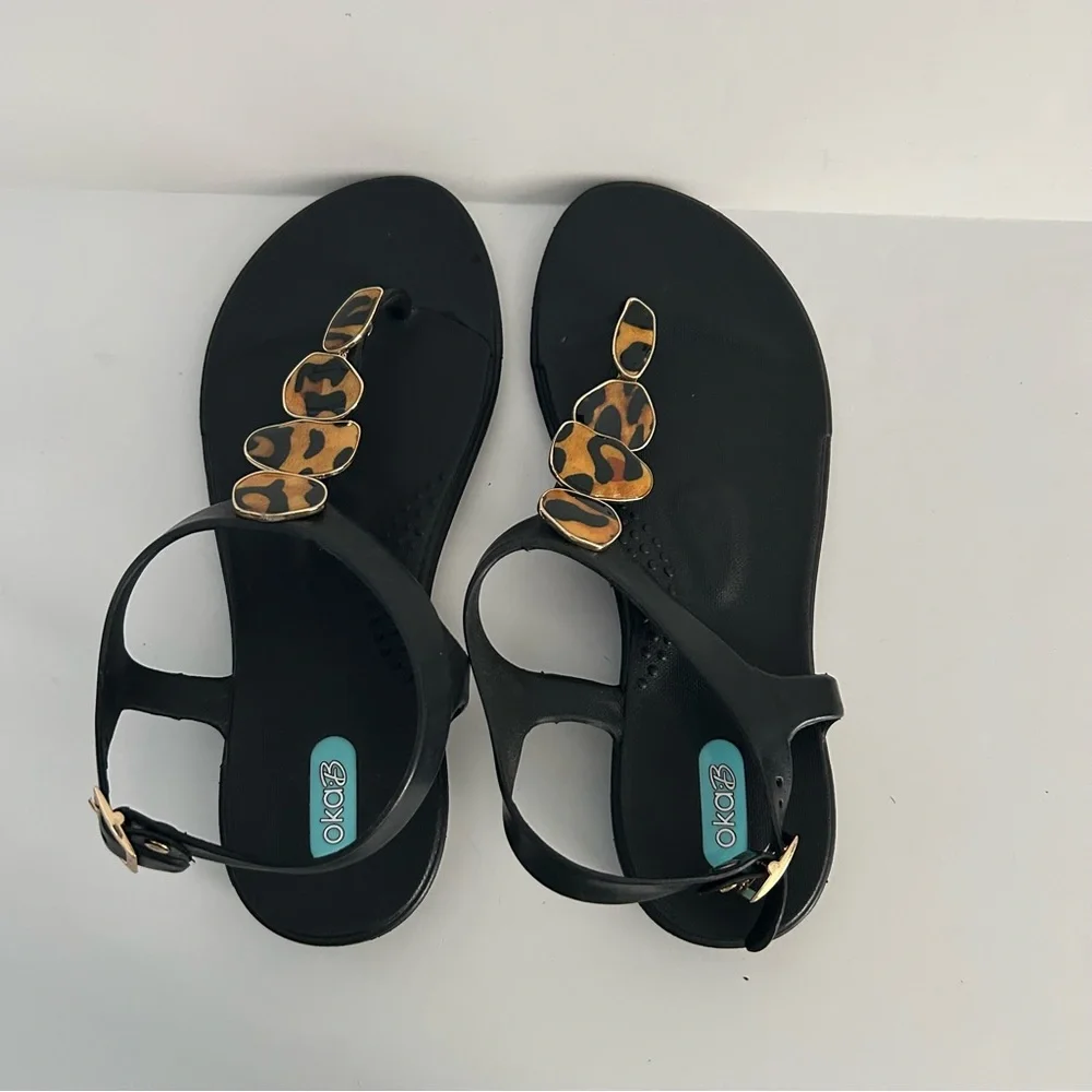 OKA b. Black Sandals with Leopard Print Stones - Picture 2 of 4
